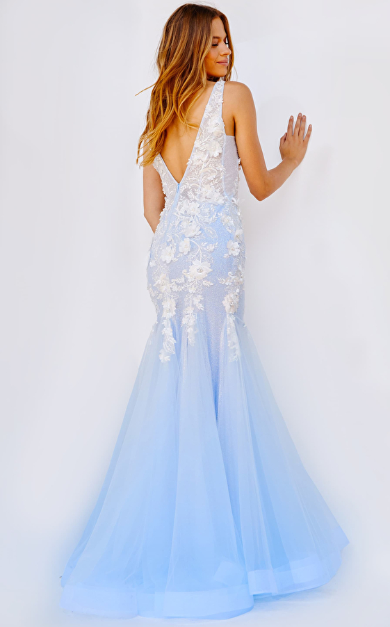 Jovani 09322 Light Blue Floral Appliques Mermaid Dress